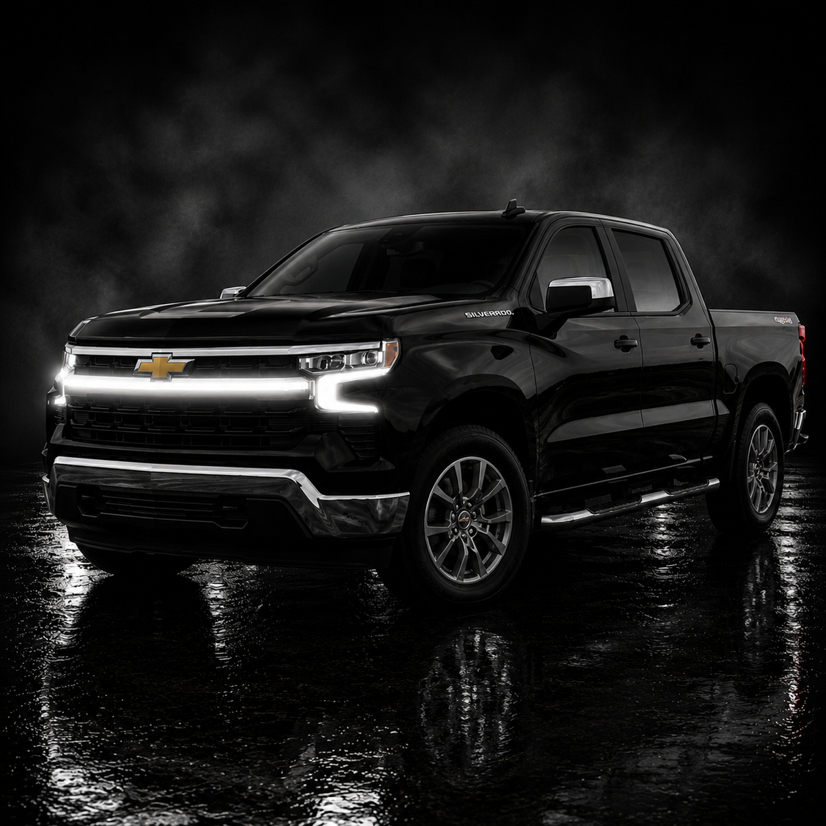 2023-2025 Chevy Silverado 1500 LED “Power” Grille Bar – LT & LTZ, IP67, Bolt-On, Black/Silver Frame