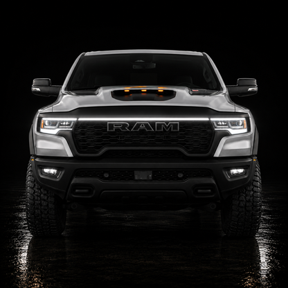 2025-2026 Ram 1500 RHO LED “Power” Grille Bar – White DRL Strip, IP67, Bolt-On, Black or Silver Frame