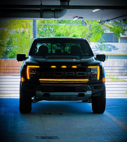 2021-2023 Ford F150 Raptor LED Grille Light Kit – Amber DRL Strip, IP67, Bolt-On, Black/Silver Bracket