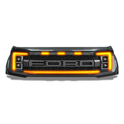 2021-2023 Ford F150 Raptor LED Grille Light Kit – Amber DRL Strip, IP67, Bolt-On, Black/Silver Bracket
